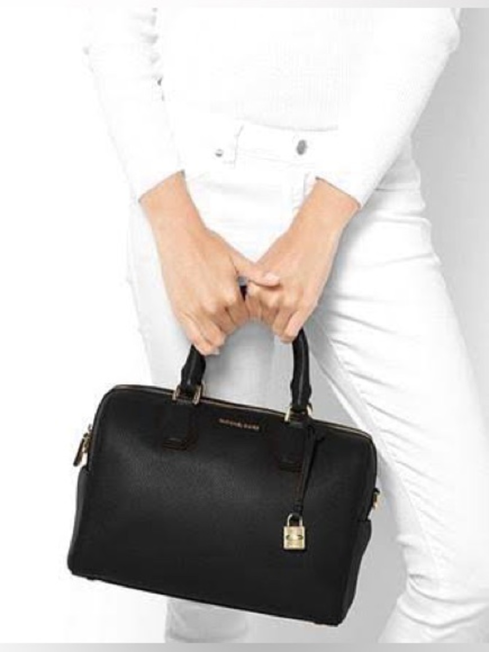 Michael Kors Black Pebbled Leather Messenger Satchel with Gold Hardware